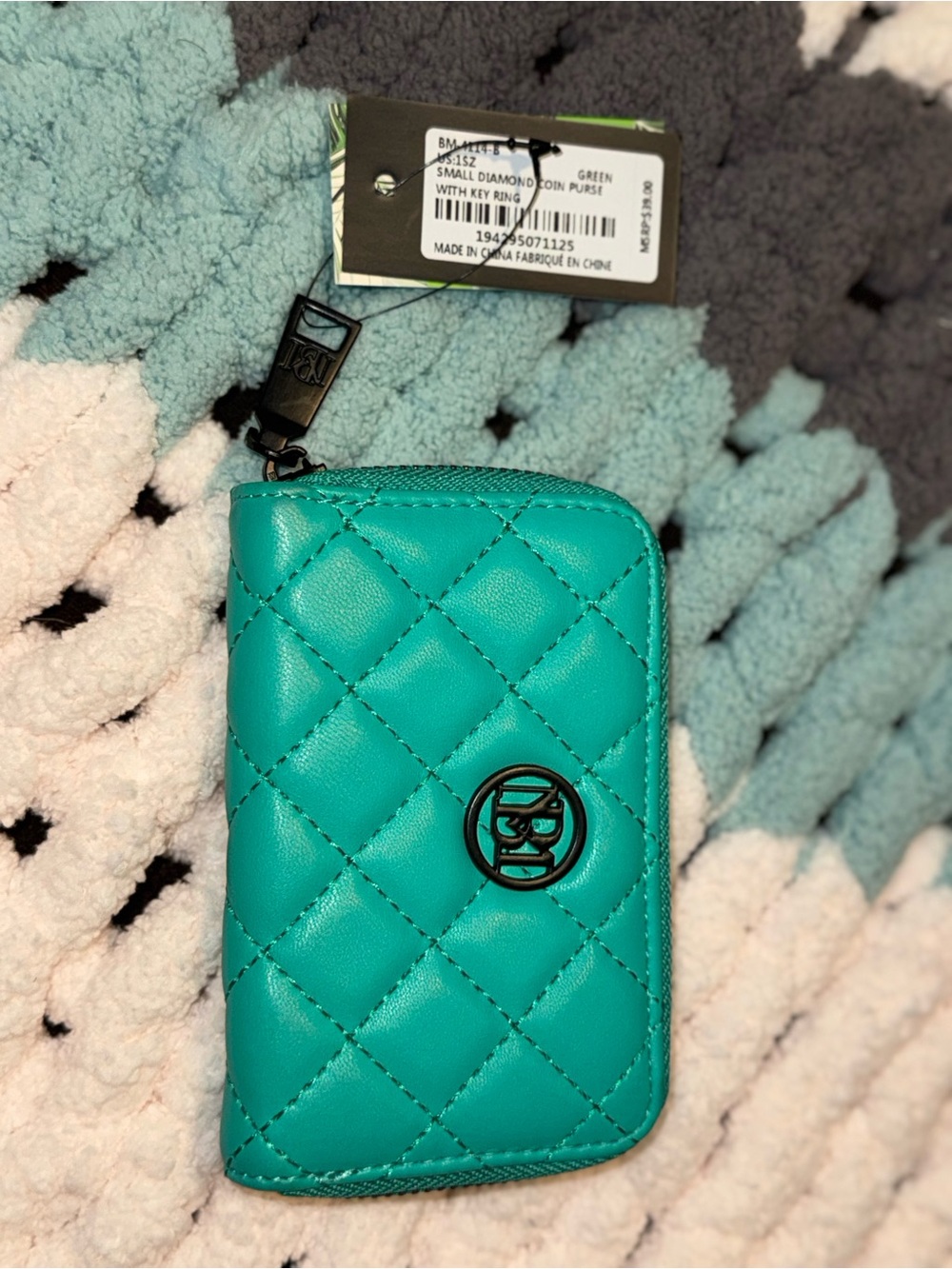 Studio Badgley Mischka Green Quilted Coin Purse with Key Ring